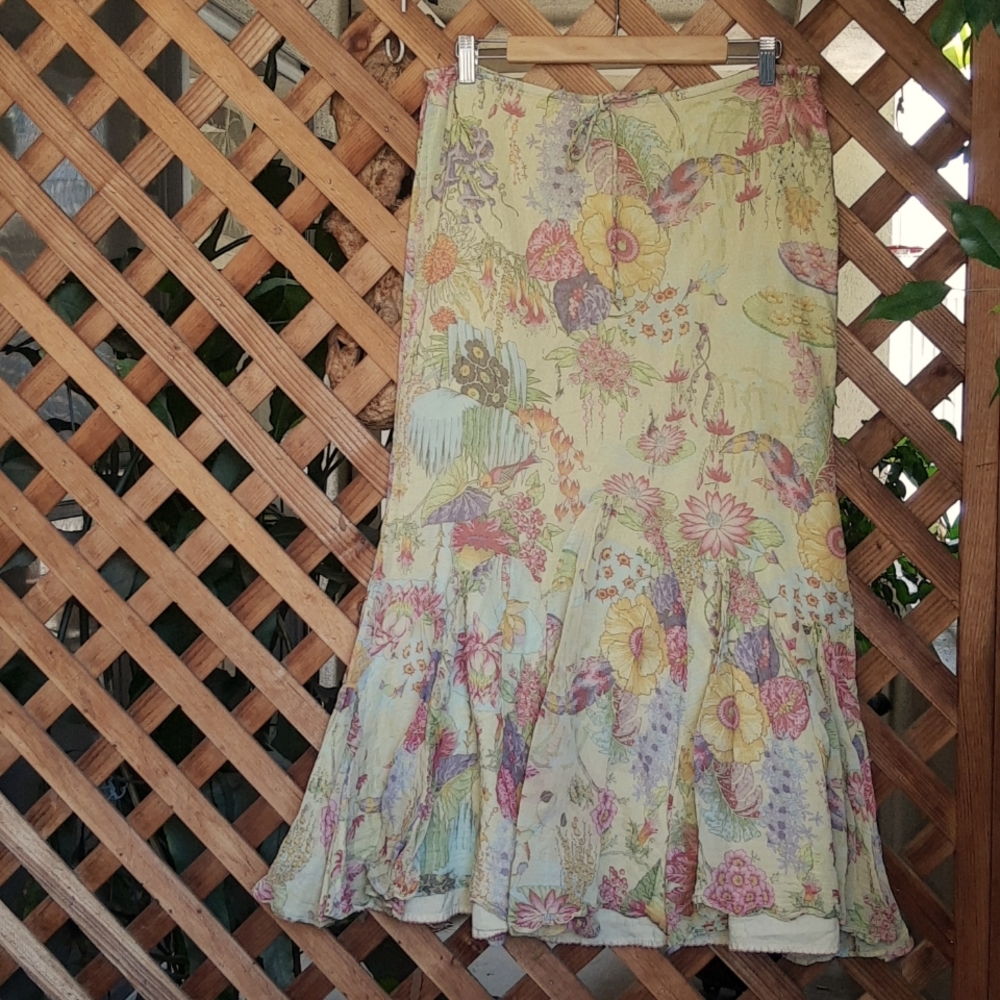 Anthropologie Fei Cotton Voile Floral Print Flounce Bottom, Maxi Skirt, Sz Small